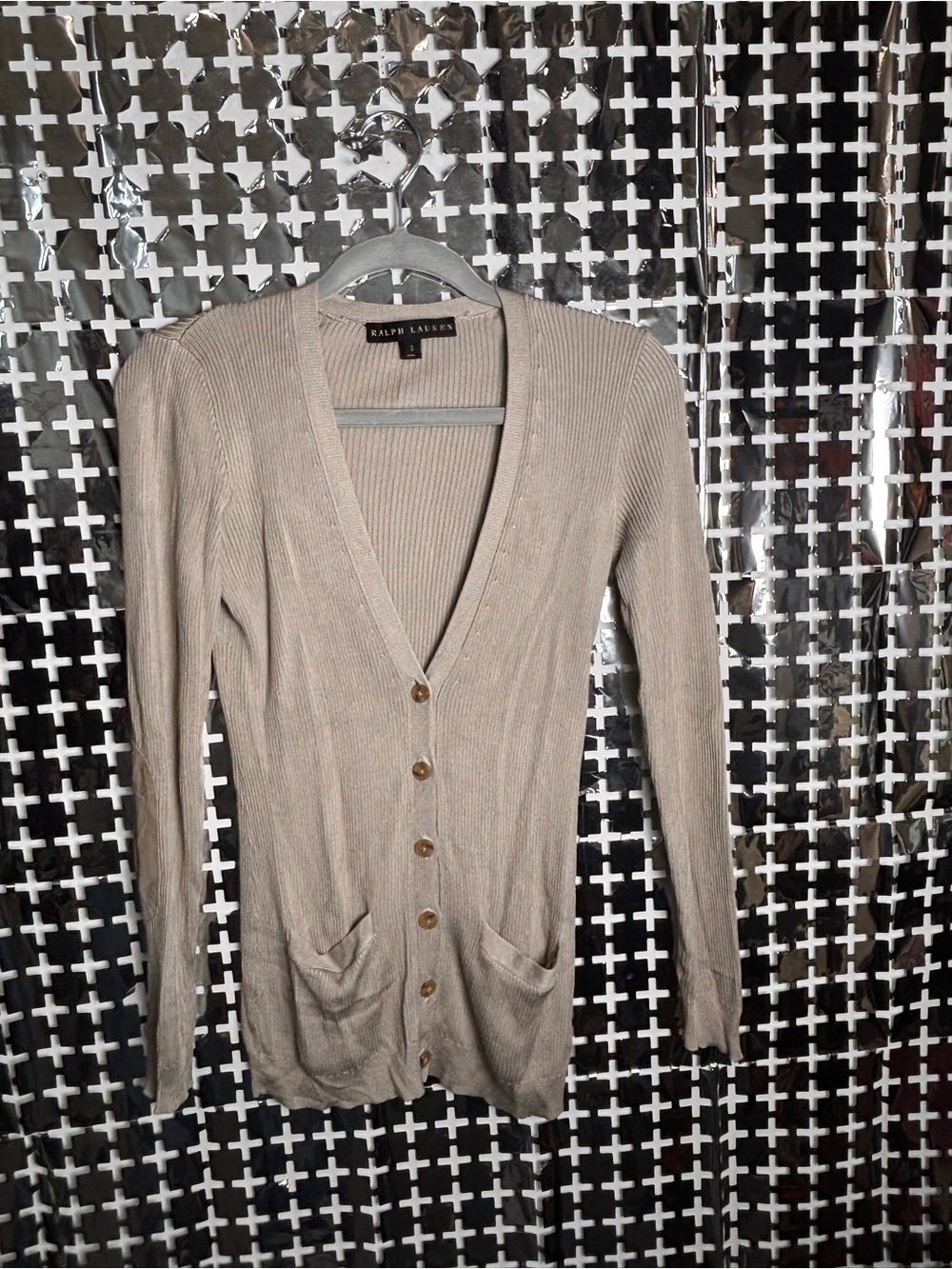 Ralph Lauren Taupe Ribbed V-Neck Button Cardigan